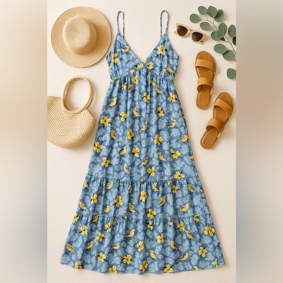 Patagonia Pataloha Strappy Maxi Dress L Blue Yellow Bird Floral Pockets Vacation - Picture 3 of 14